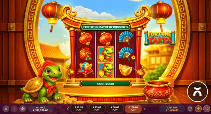 Fortune Tarta – žaidimo ekranas su būgnais ir vėžliu